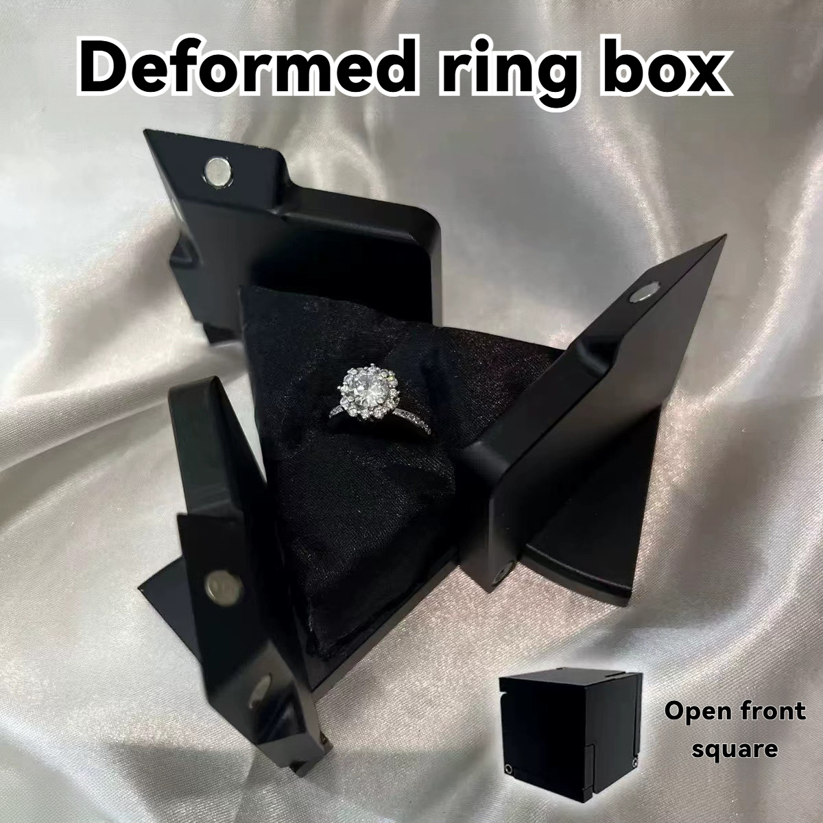 

1pc Elegant Black Plastic Ring Gift Box With Deformed Design, Square Open Front, Small Proposal Wedding Engagement Christmas Valentine's Day Storage Display Holder For Rings And Earrings