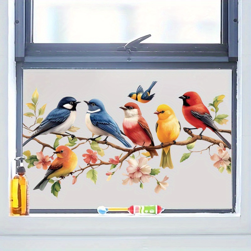 TEMU Vinyl Tree & Bird Window Clings - 1mil Thick Temporary Stickers With Multicolor Birds, Branches & Flowers - Easy & Stick For Doors, - Privacy