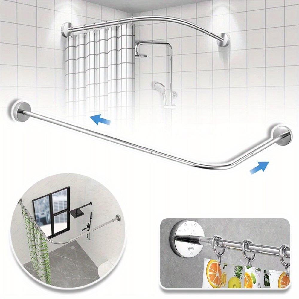 Adjustable L-shaped Corner Shower Curtain Rail - Wall-mounted 90° Curved Rod, Sturdy Metal Bathroom Organizer For Showers & Clothing Stores, Sleek Metallic Finish