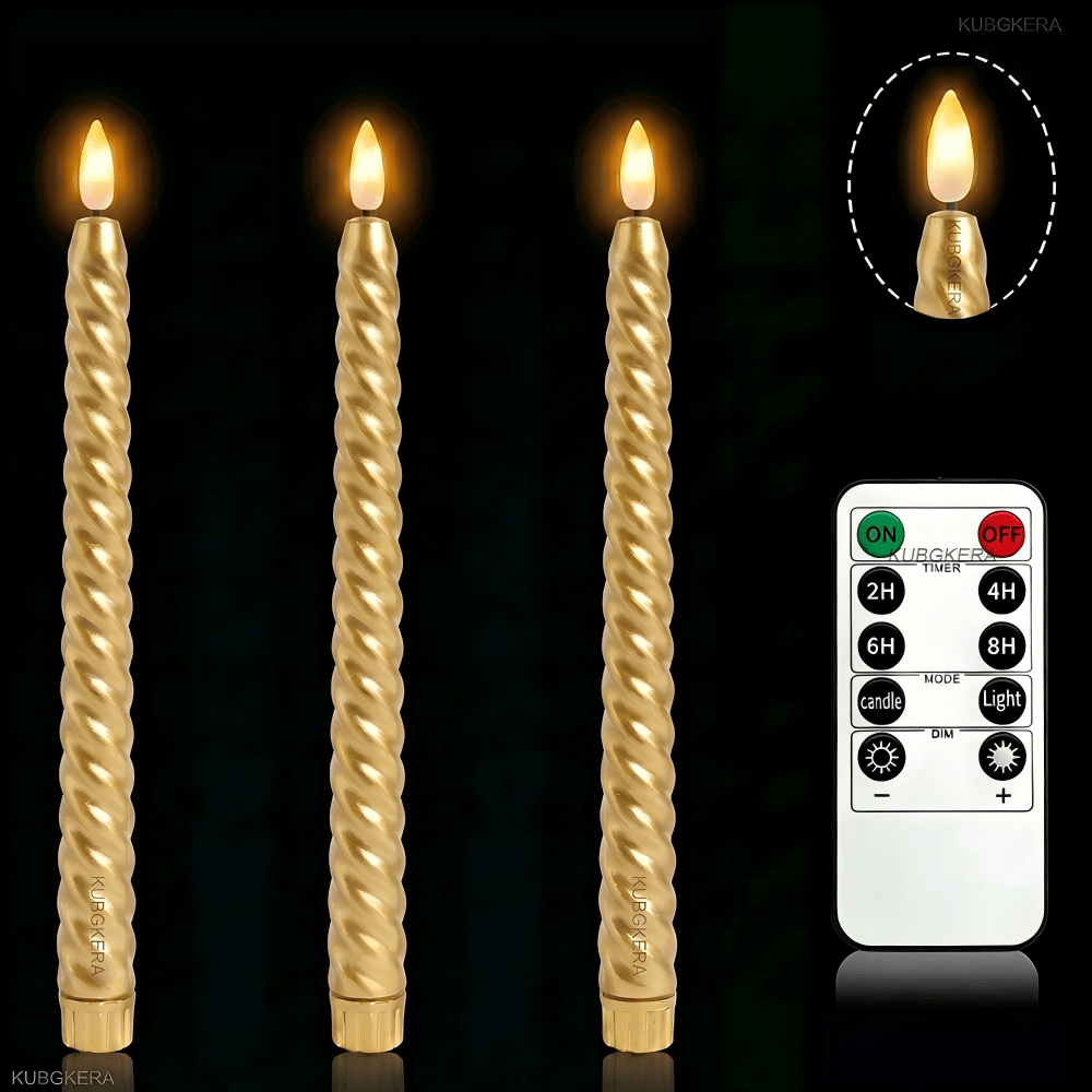 TEMU 3-pack Flameless Taper Candles With Remote & Timer - Dimmable Battery Operated Realistic Flickering Flame Suitable For Christmas, Weddings,