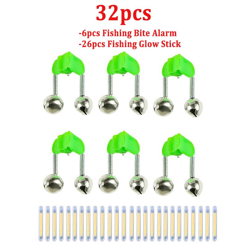 TEMU Lot de 32 sonnettes de pêche à clip avec 6 clochettes et 26 tiges lumineuses - Alarme à adaptée aux cannes à pêche, cannes de mer, pêche en eau