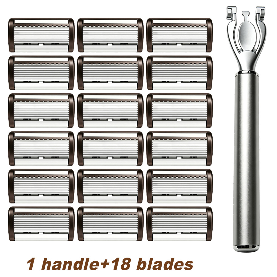 TEMU Newly Upgraded 8-layer Blade Men's Manual Safety Razor, Coffee-white 8-layer Blade Head With 18 + Silvery Handle (1pc), Ultra-sharp High-quality