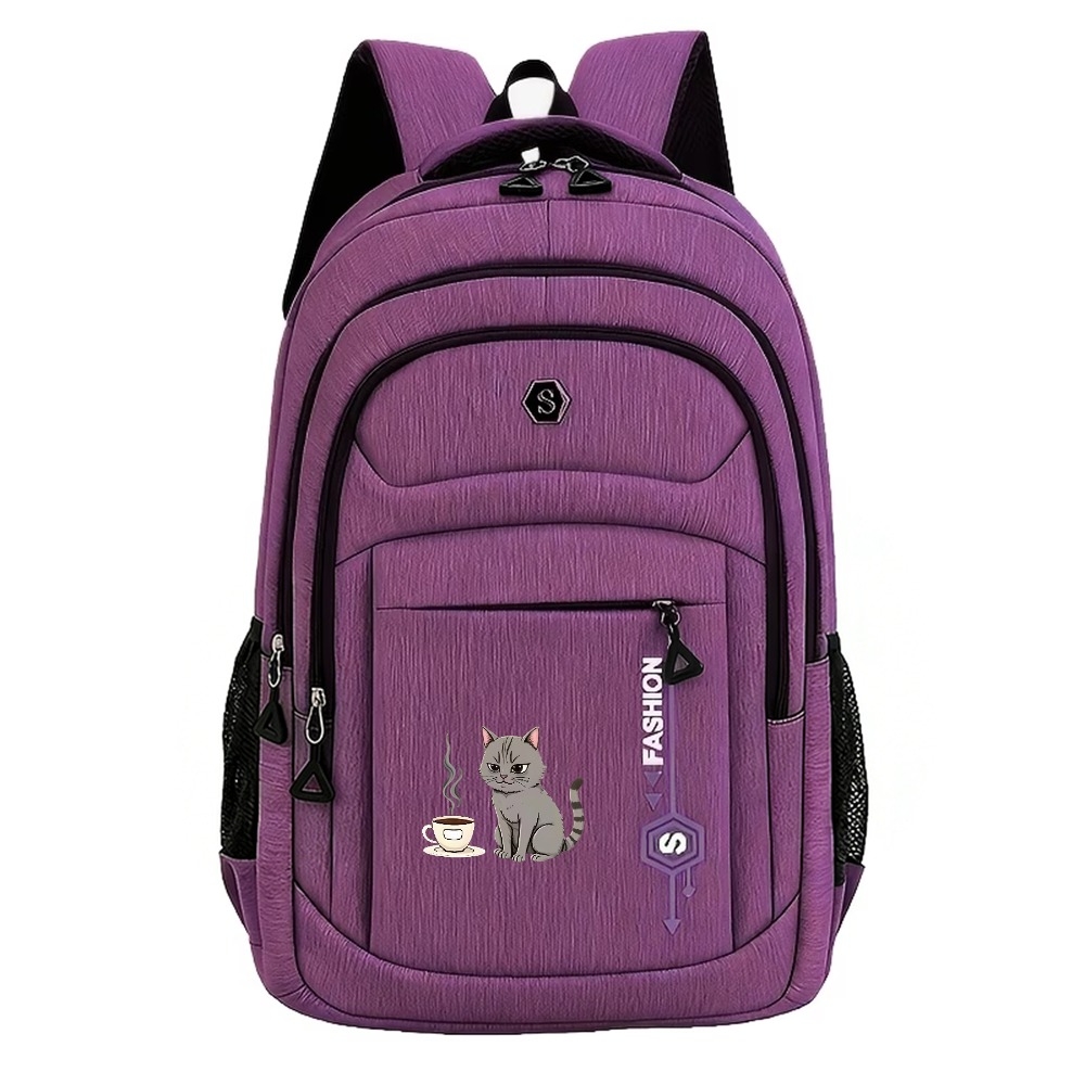 TEMU Gray Cat And Hot Coffee Backpack, Large Capacity Laptop Travel Bag, Fashion Student Book Bag, Universal Business Backpack, Men's And Women's