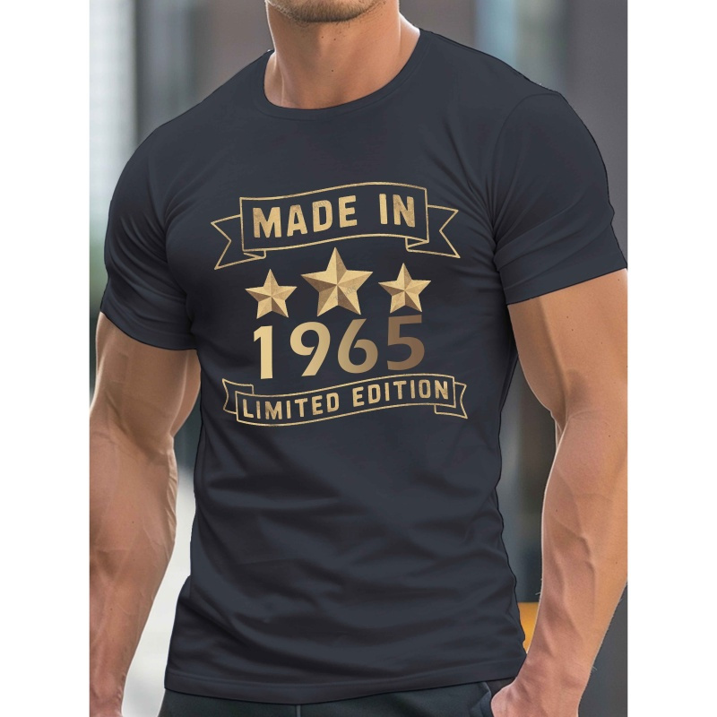 

Men's Polyester Crew Neck T-shirt, , Regular Fit, Knit Fabric With Stretch, With Geometric "made In 1965" Print, For Summer Tee