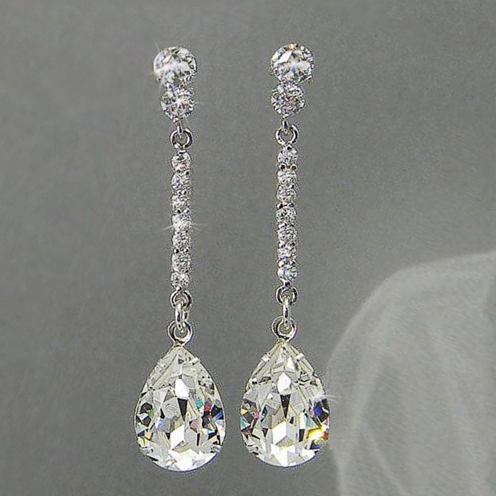 Image of Elegant Temperament Inlay Zirconia Long Droplet Shaped Pendant Earrings For Women Weddings Exquisite Jewelry Daily Vacations Party Additions Valentine's Day Gifts
