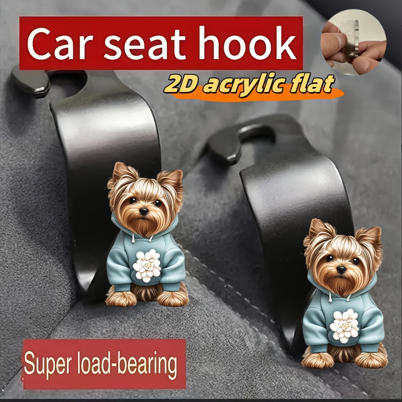 TEMU Plat 2D, Lot de 2 Organisateurs de de Siège Auto Mignons Yorkshire Terrier avec Crochets Cachés - Adorable Design Plat 2D, Convient à Plusieurs