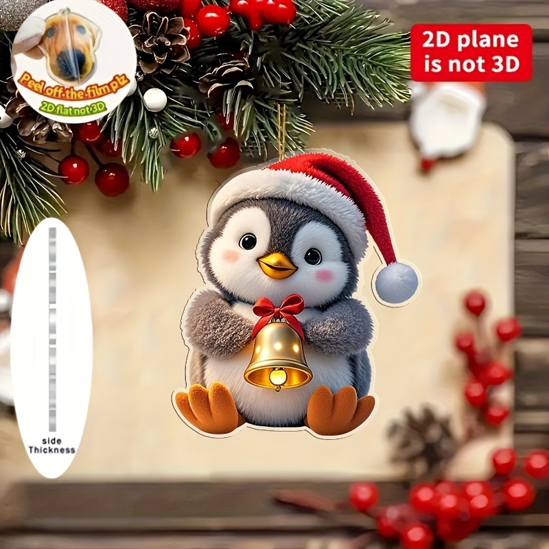 TEMU 2D Flat - Ein 2D-Design mit einem niedlichen Pinguin, der eine Glocken-Ornament hält, aus Acryl für Weihnachtsbaumdekorationen, geeignet für