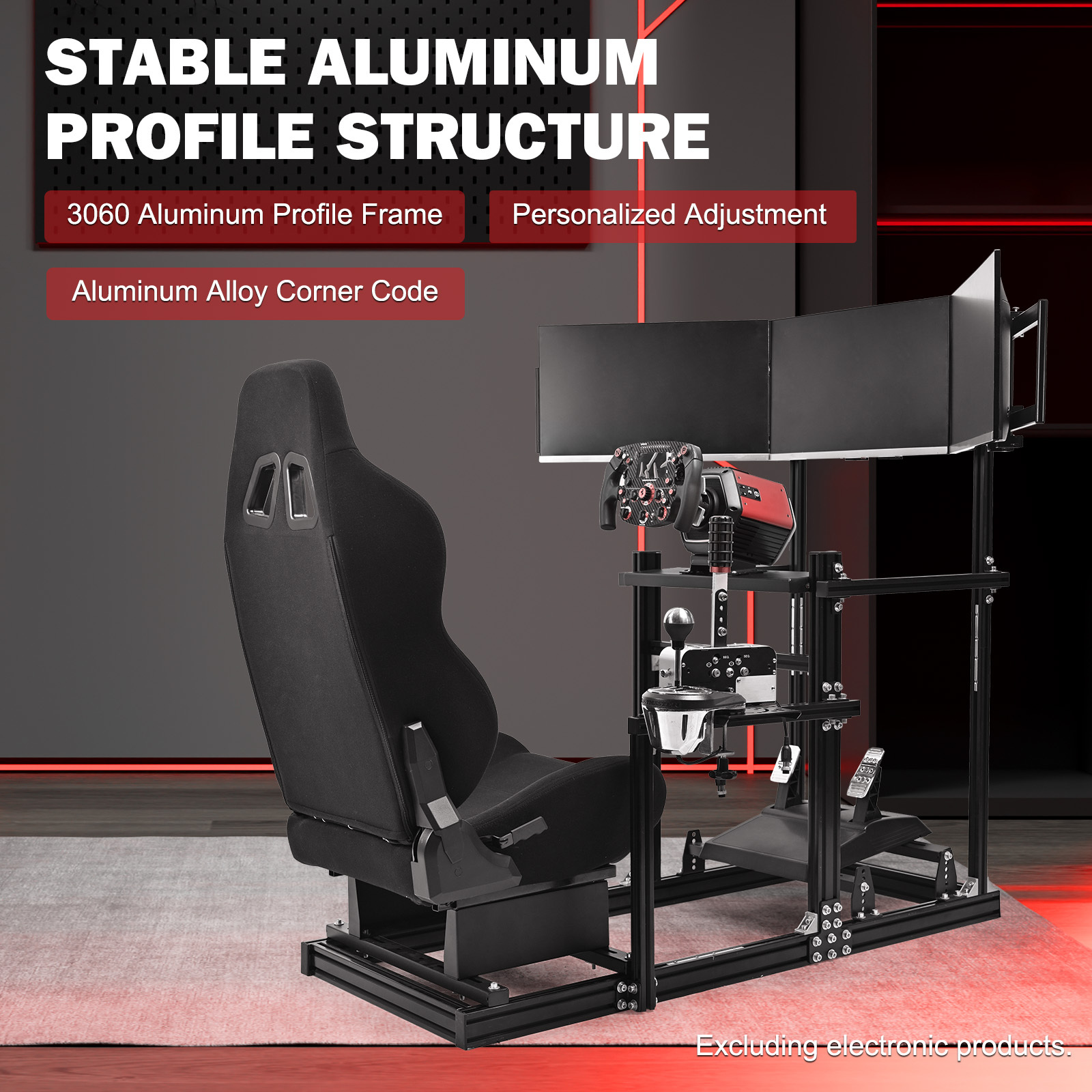 oidoo 3060 aluminum alloy racing simulator cockpit with triple monitor mount and black seat compatible with logitech   and   steering wheels steering wheel pedals shifter and   devices sold separately