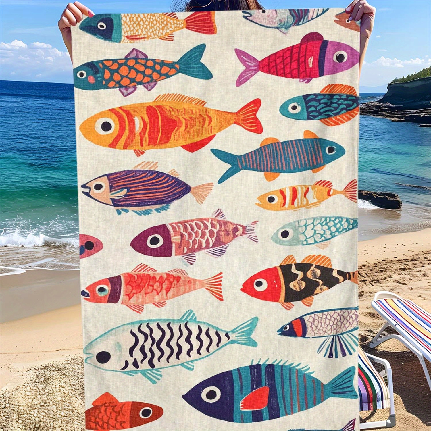 Toalla de playa con estampado de peces ligera y ultra absorbente_voghion.com