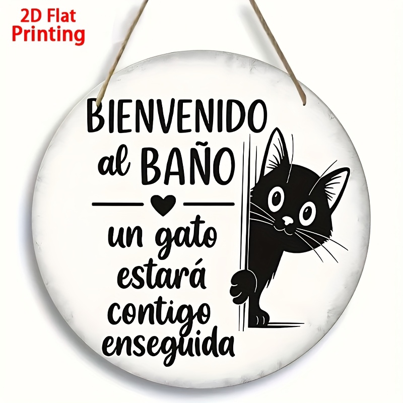 TEMU 2D, 1 pieza, letrero decorativo de pared 2D con texto impreso " al baño, un gato te hará " - Detalles de silueta de gato y , letrero decorativo