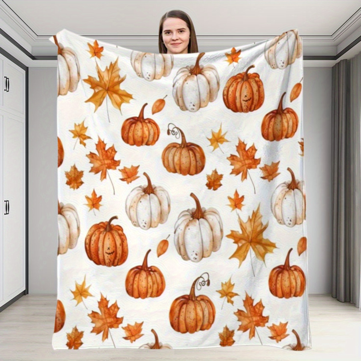 Image of 1pc Pumpkin And Leaves Print Blanket - Soft Plush Flannel, Lightweight And Durable, White And Orange Pumpkins With , Perfect For Sofa, Bed, Or Couch Decor, Home Decor, Seasonal Home Decor |