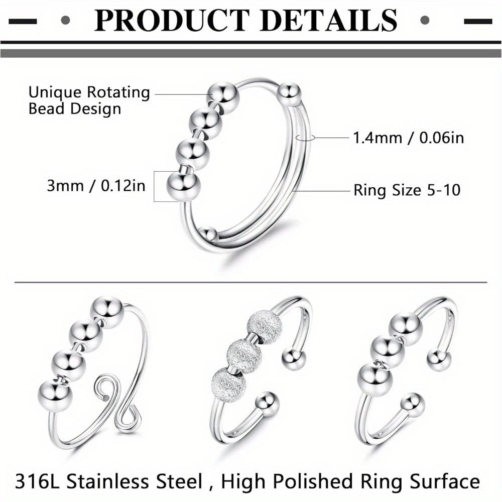 4pcs adjustable spinner ring beaded   stackable 316l 316l stainless steel jewelry set casual theme mixed color synthetic synthetic zircon mosaic 316l 316l stainless steel main material no plating for teenager for teenager Product details 5