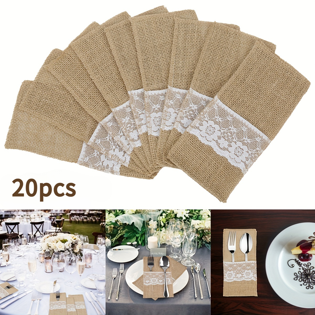 TEMU Lot de 20 porte-ustensiles rétro en toile de jute - Porte-couverts en lin naturel, pour décorations de mariage rustique, enterrements de vie de