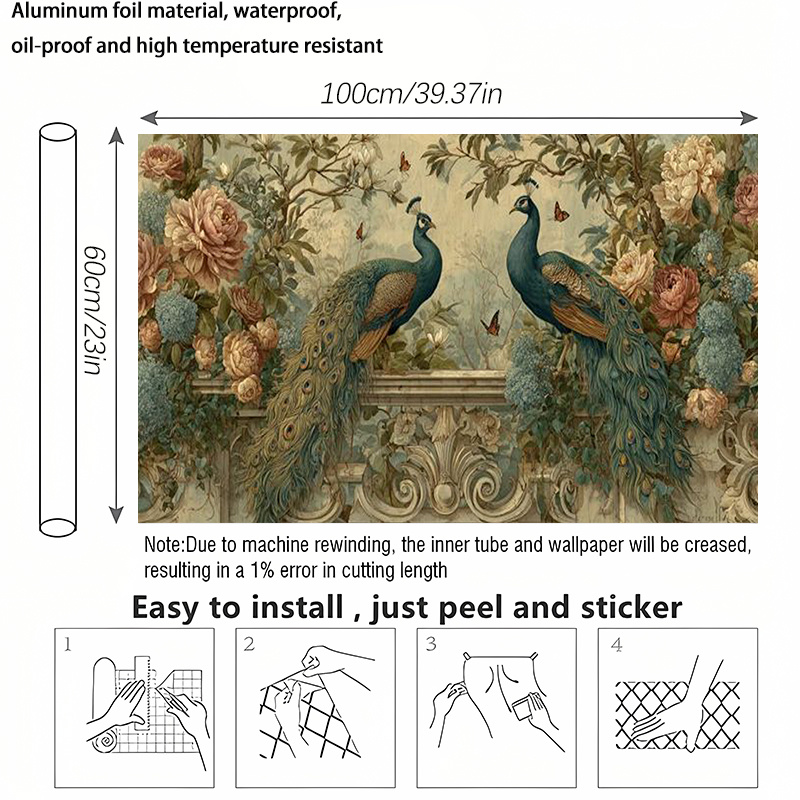 E-shop 1 Rolle Pfau Blumenmuster Wandaufkleber Desktop Aufkleber, 2D Flache Küche Selbstklebende Tapete, Einfach zu Installieren, Entfernbare,