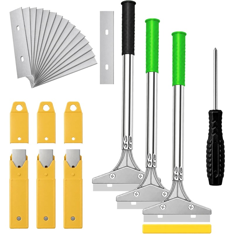 3 Pack Heavy Duty Wallpaper Scraper Tool, 10.16 cm Blade Long Handle Non Slip Wall Scraper with 30 Spare Blades, Perfect for Wallpaper Stripping, Paint, Tile Adhesive And Glue Removal