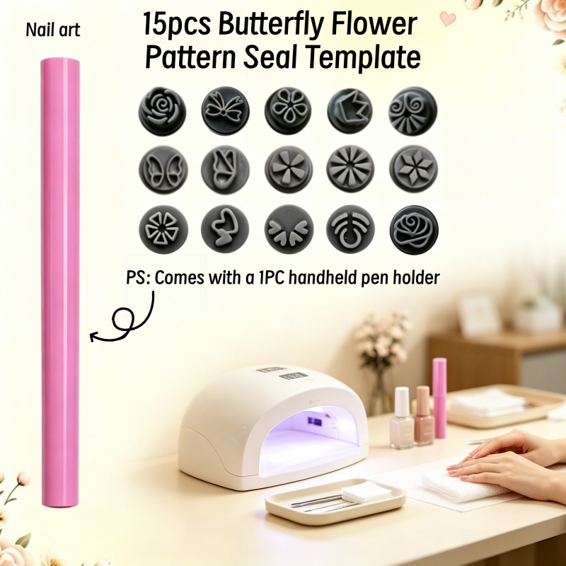 TEMU 15pcs Nail Art Stencil Set With Multiple Practical Patterns, Includes 1 Handheld Stamper Tool, Nail Pen With Replaceable Tips, Floral, , And