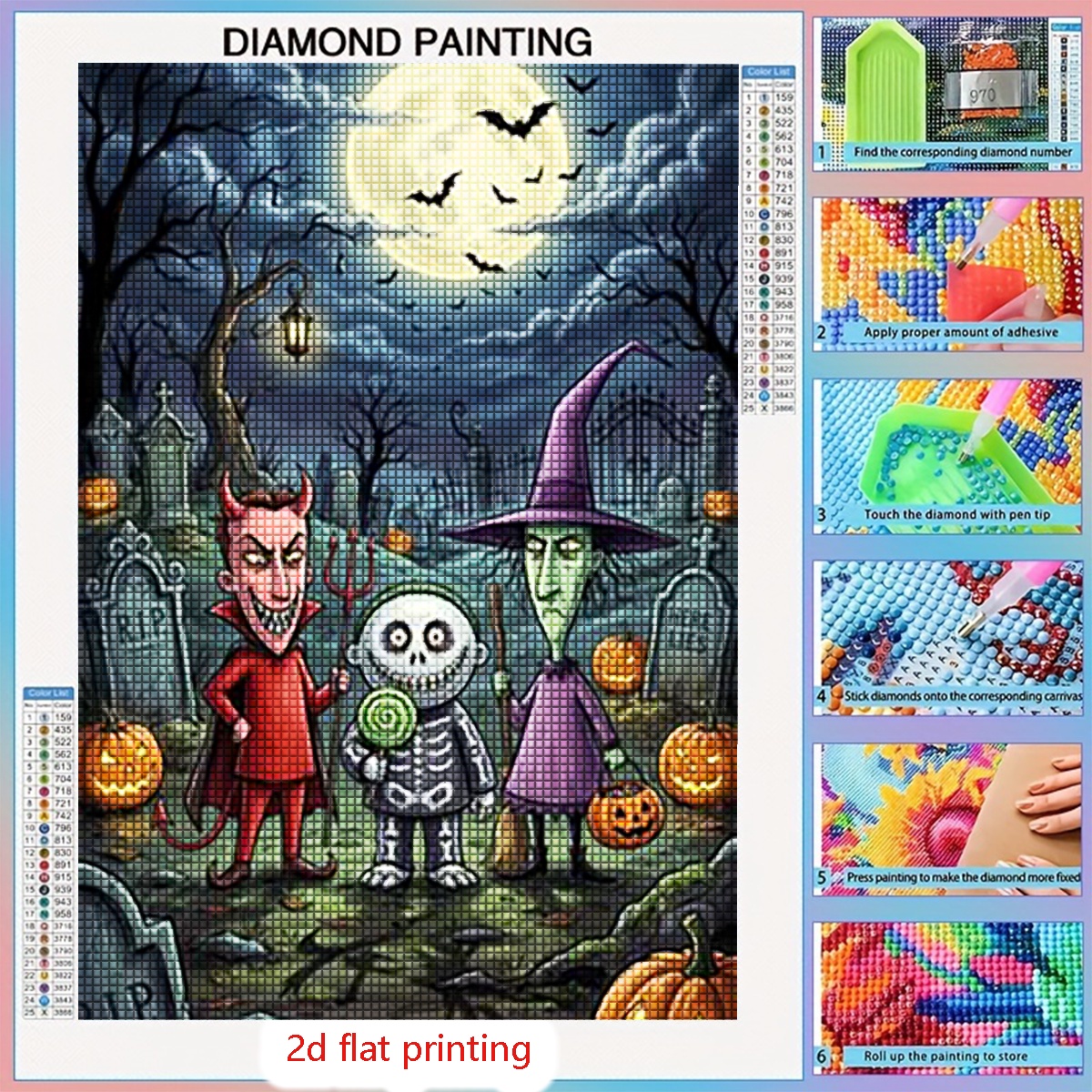 TEMU Kit de peinture diamant 5D à perçage rond complet cadre avec impression 2D à plat, personnages de dessin d'Halloween, art diamant DIY pour