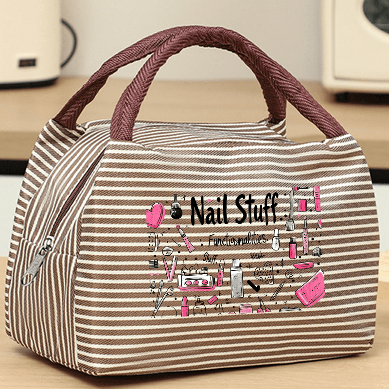 TEMU Nail Art Tool Line Drawing Printed Strip Handbag, Women's Handbag, Storage Bag, Makeup Bag, Reinforced Weave , Large Capacity Zipper Closure