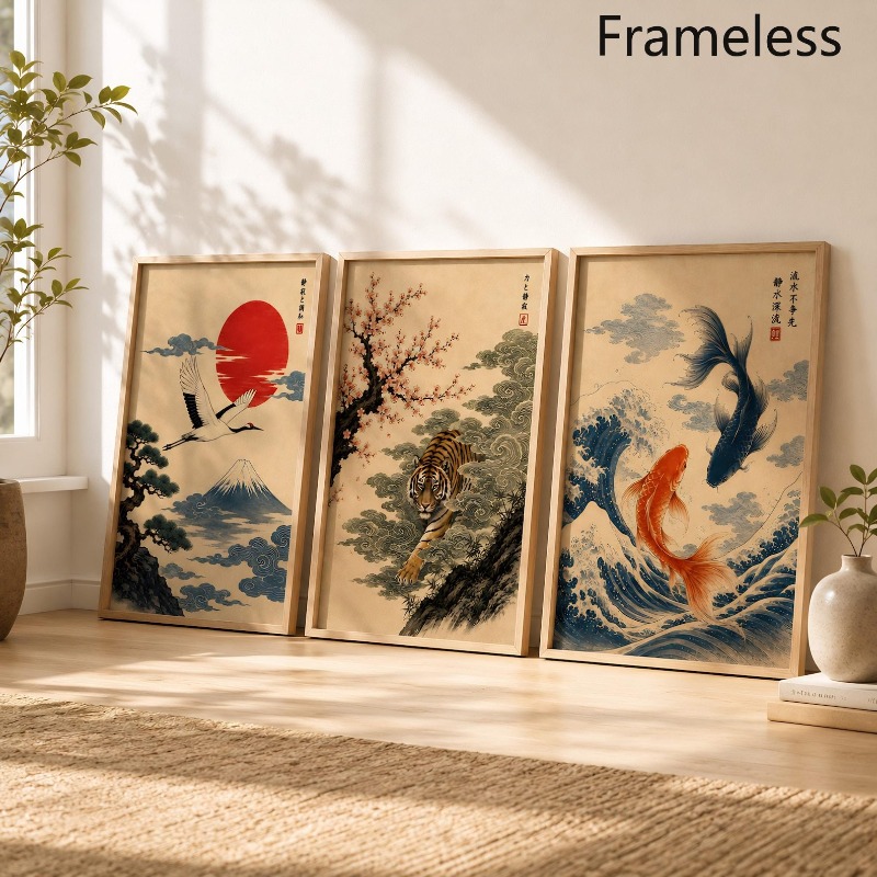 TEMU 2d Flat, 3pcs Japanese Crane Tiger Koi Fish Wall Art Prints - Modern Japandi Vertical Suitable For Living Room, Bedroom, Office Decor, Frameless