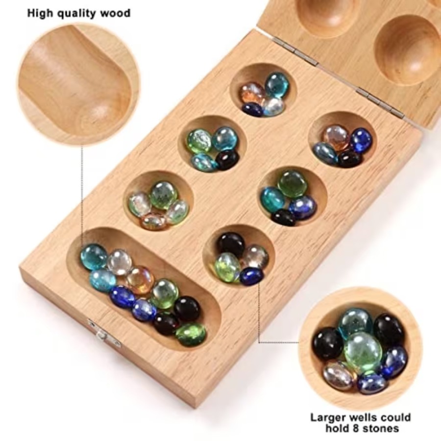 TEMU Mancara Board Game For Adults And Families. Contains Folding Rubberwood Board, 48 + 10 Mancara Pieces And Instructions. Classic Portable Travel