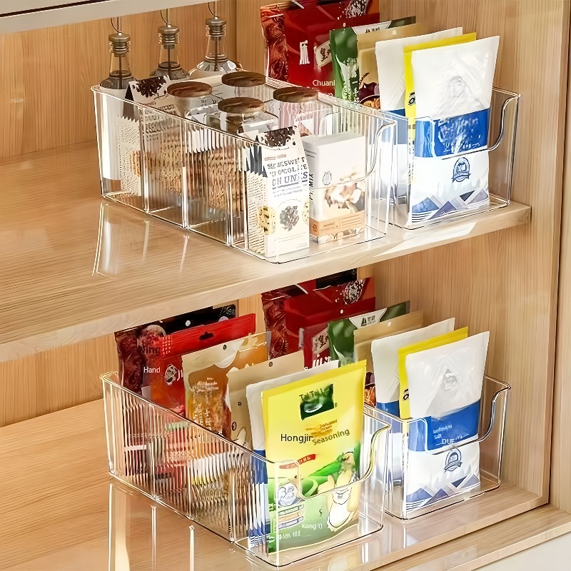 2 Storage Compartments with Dividers, Multi-functional Seasoning Compartment, Thick Kitchen Cabinet Organizer Storage Box, Tabletop Vertical Transparent Double-handled Storage Box, Refrigerator Storage Box, Refrigerator Organizing Organizer for Stora