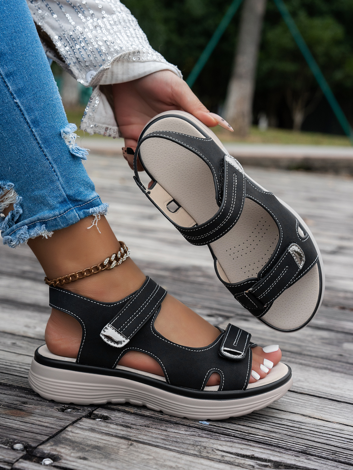   womens ankle strap sandals thick platform wedge heel breathable pu cover open toe casual   with cushioned insole secure straps for summer   Product details 1