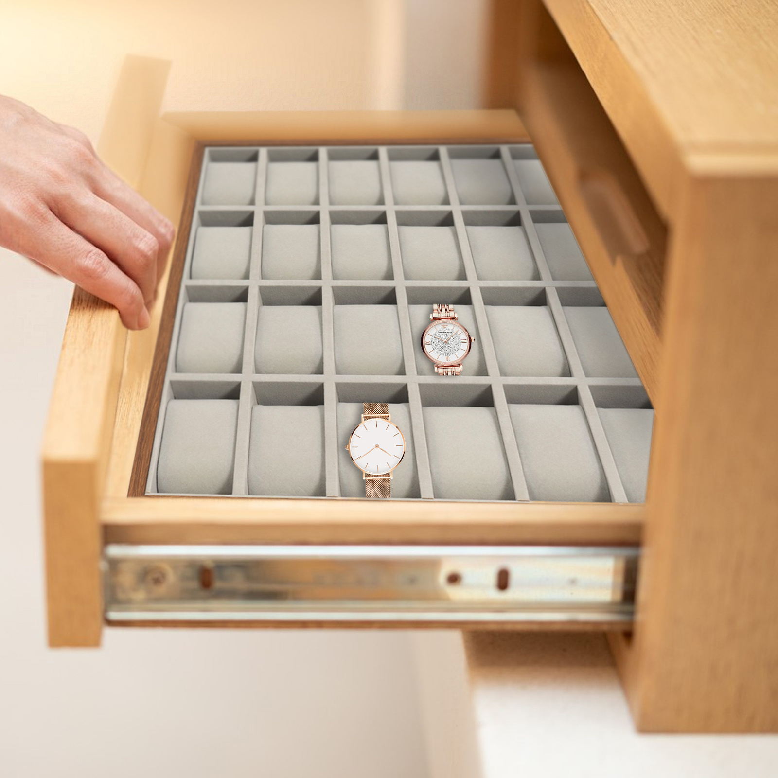 24-Compartment Large Watch Box with   Lid - Heavy-Duty Construction, Grey Elegant Display Cabinet with Walnut-  Frame & Soft Lining - Luxury Watch Storage Organizer with Detachable Cushions, Ideal Gift for   (24-Watch Capacity, Fits Dress, Sport, Smartwatches), Box for Watches, Personalised Watch Display Case Men, Watches Case Storage for Women, Watch Organizer Storage, Wooden Watch Storage Box, Watch Collection Box, Watch Case,