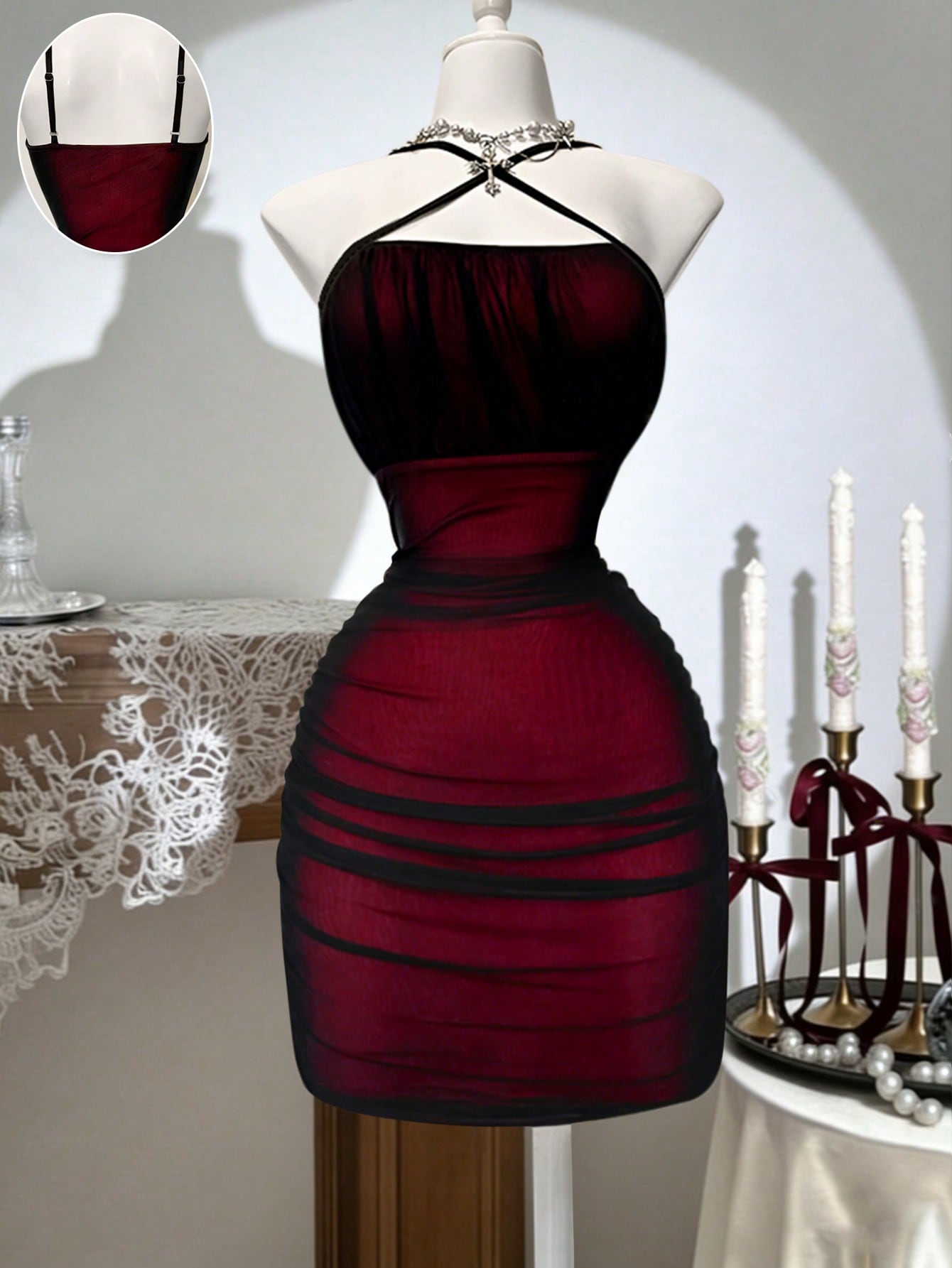 open lace back dress FW'24: Lace Overlay Dress in Blood Red (Pre-Order) main image 1