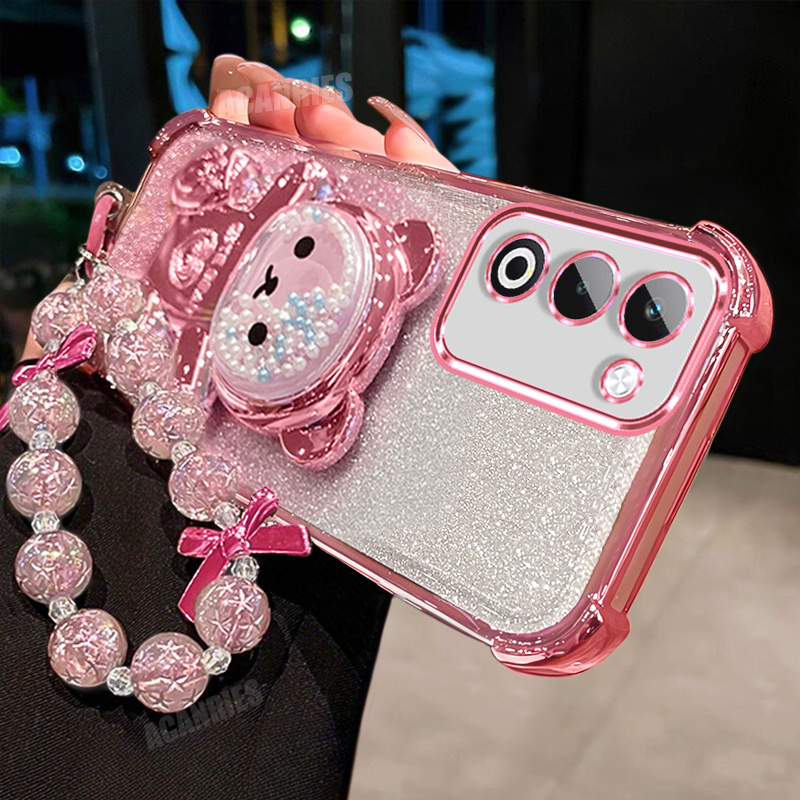 TEMU Phone Case: Acanries Luxury Star Bead Wrist Strap Chain Lanyard With Cute Bead Bear Folding Stand Holder And Plating Gradient Glitter Shockproof