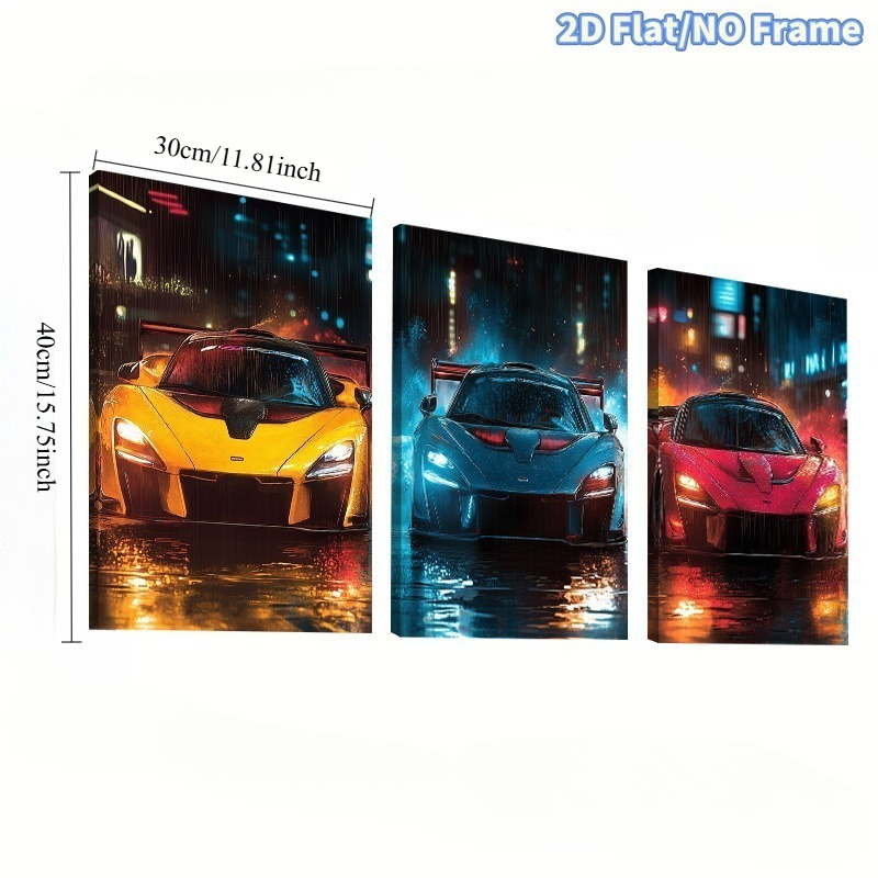 TEMU 2d Flat, 3pcs Modern Vertical Supercar Race - Frameless Triptych Canvas Suitable For Game Room, Cave, Office Decor - Futuristic Racing Car