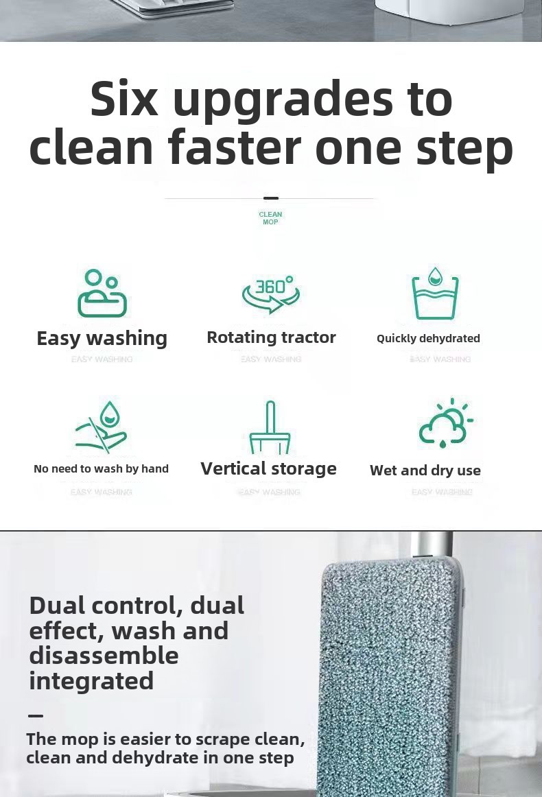 a household mop that requires no hand washing, featuring a flat mop bucket with wet and dry  ,   lazy cleaning. this set   a mop and a bucket with a wringer,   flat mop, and   with 2/4/6 washable microfiber pads, suitable for   wet and dry use, designed for cleaning all types of floors and windows  . details 1