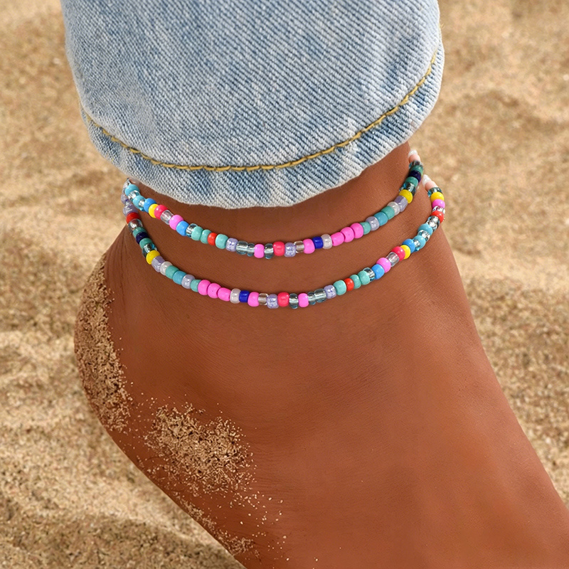 Image of 2pcs Summer Bohemian Style Colorful Bead Elastic Rope Anklet Set, Beach Vacation Dopamine-inducing Multi-strap Anklet Set, Women's Anklets, Glass Material, Summer Beach Vacation, Summer Anklet
