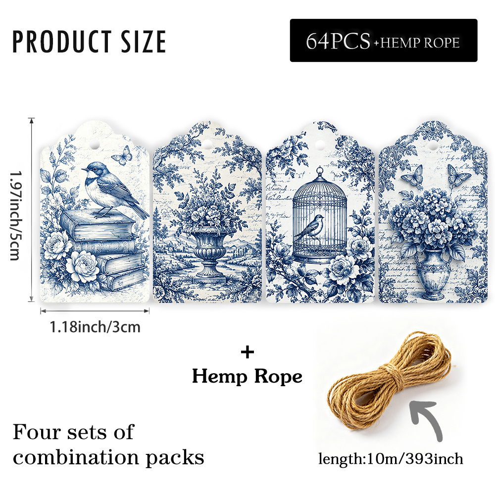 TEMU 64 étiquettes cadeaux thème vintage avec corde de jute, design décoratif monochrome bleu intemporel, parfaites pour étiquettes de sacs cadeaux,