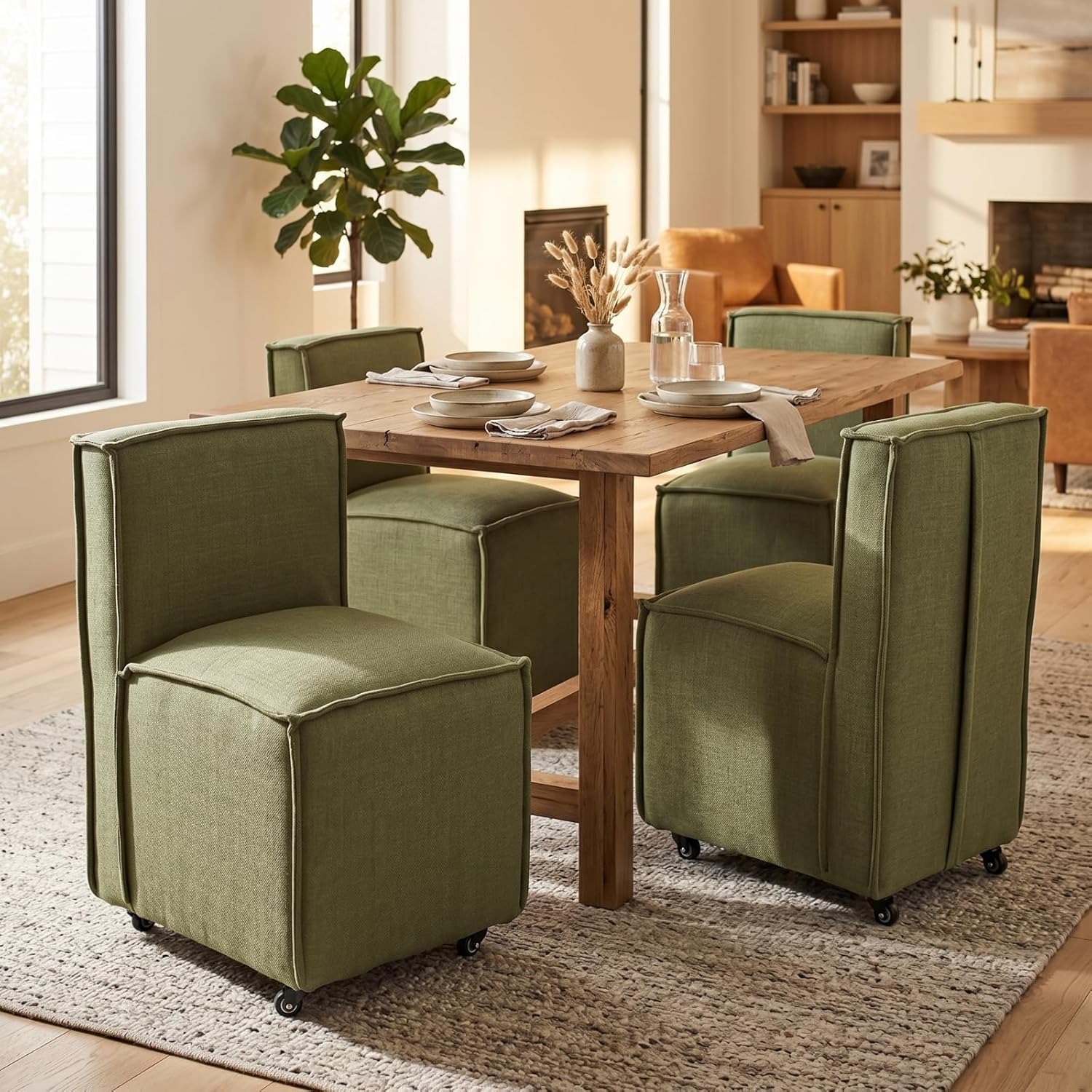Set of 2 Modern Dining Chairs with Casters Armless Rolling Dining Chairs with Rollers for Kitchen and Dining Room, Removable Cover, Minimalist Style, Specific Style