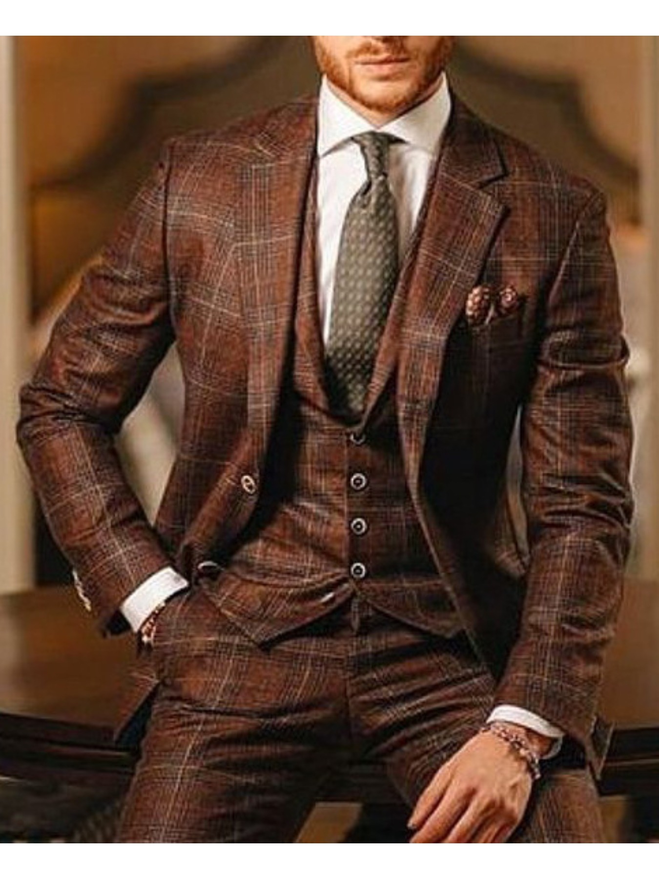 Men's Vintage Plaid Slim Fit Blazer, Classic Brown Check Pattern Notch Lapel Suit Jacket, Elegant Professional Outerwear for Business, Wedding & Formal Social Events