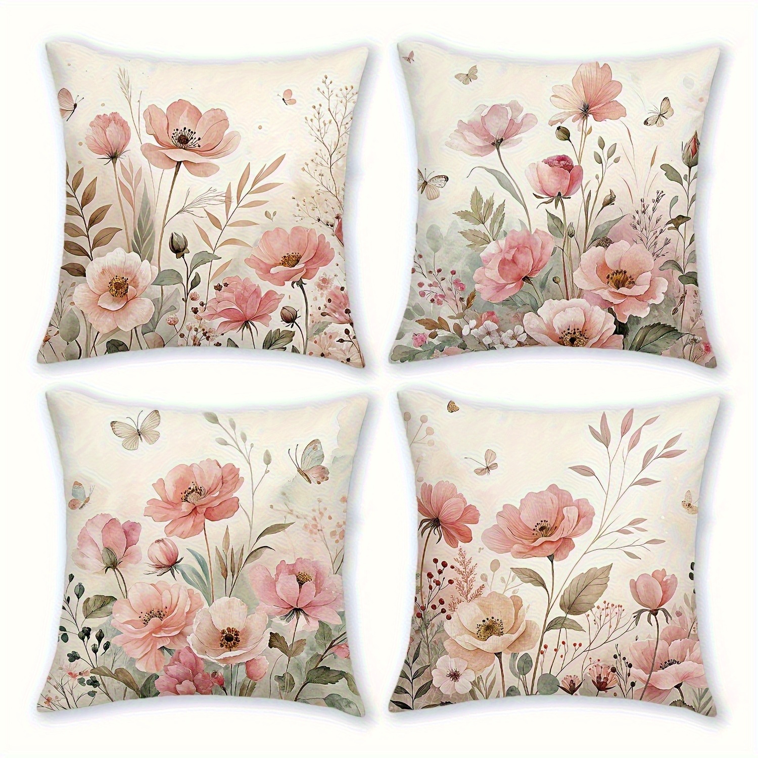 TEMU Set Of 4 Pink Floral Print Pillowcases, Vintage Country Style Home Decor Cushion Covers, Gift For Family, , , Zippered Cushion Covers, Multiple