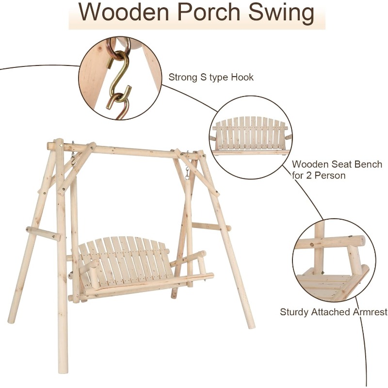 [Heavy Duty Swing] Bonnlo Heavy Duty 880 LBS Wooden Patio Porch Swing with A-Frame Stand, Hanging Swing Bench Chair with Frame for Outside, Yard, Garden (Rustic Sequoia Dusk/Natural)