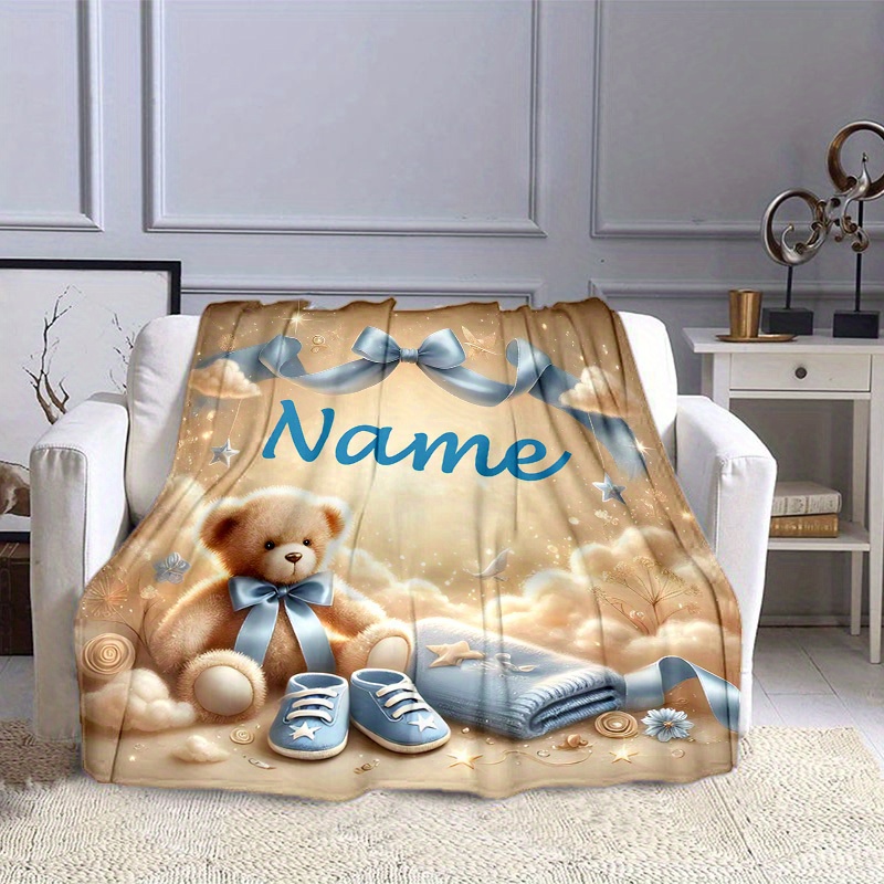 Custom Name Teddy Bear Throw Blanket, Lightweight Flannel