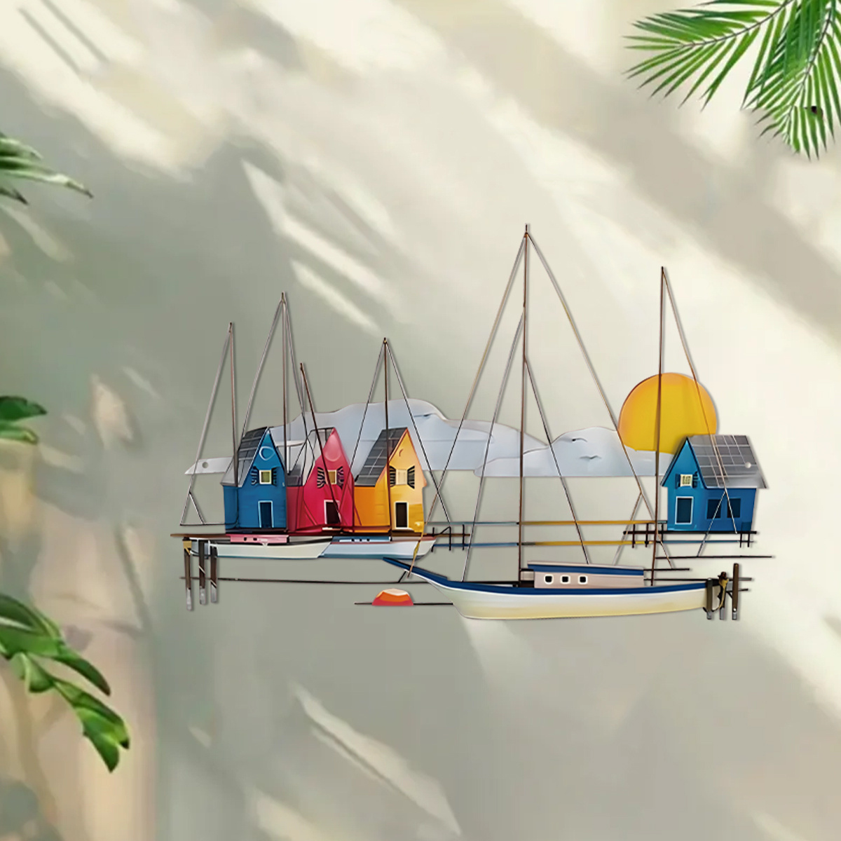 TEMU 1pc Colorful Sailboat Sunset Metal Wall Sculpture - Vibrant Iron Outdoor/indoor Decor With Blue, Yellow, Sailboats, Sunset & Clouds Design, Inch
