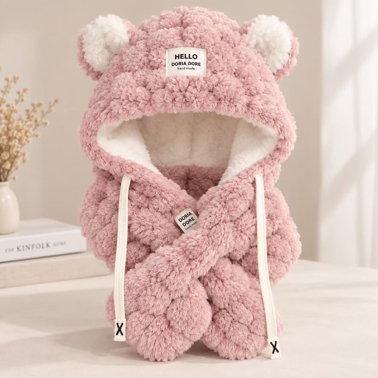 TEMU 1pc Winter Plush Bear Ear Hat, Cute Warm Hood Scarf Hat With Soft Fuzzy Lining, Cozy Cold Weather Ear Cover For Women, Christmas Gift