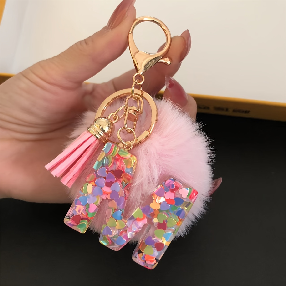 TEMU 1pc Women's A-z Initial Letter Keychain With Pink Plush Ball & Clasp - Single Letter Pendant (a-z), Pink & Suitable For Backpack, Car Keys,