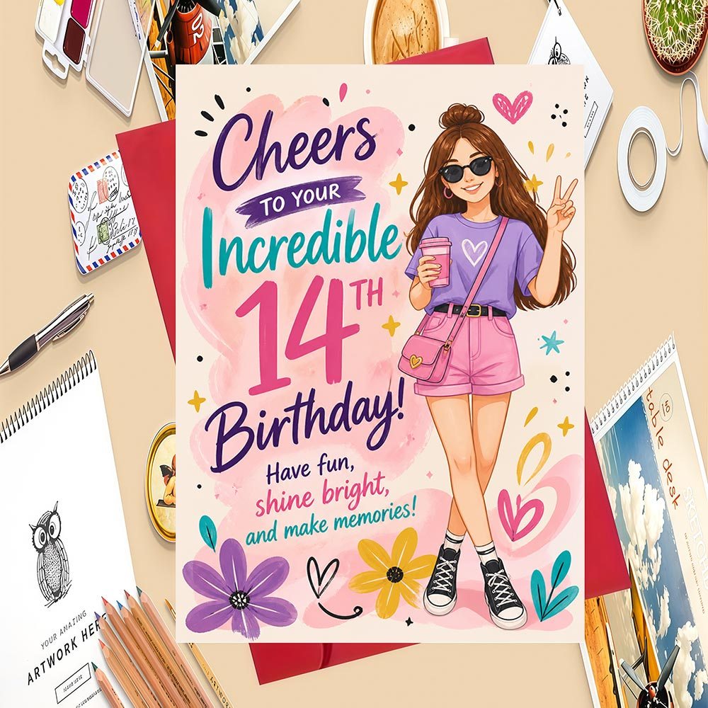 TEMU A Trendy Teenage Girl's 14th Birthday Card "cheers To Your 14th Birthday!" — Featuring A Girl In Casual Outfit With Foundation- Watercolor And A