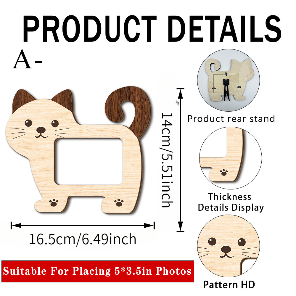 TEMU 1pc Cute Kitten-shaped Wooden Photo Frame, Pet-themed Desktop Stand, Suitable For Saving Kitten Photos / Bedside Table And Desk Decor / Bedroom