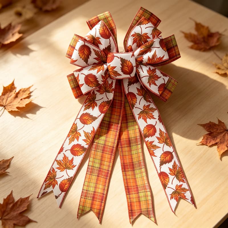 TEMU Height 20 Inches Width 12 Inches -brown Maple Leaf Checkered Double Layer Large Bow, Thanksgiving Pastoral Style Front Door Wreath Decoration,