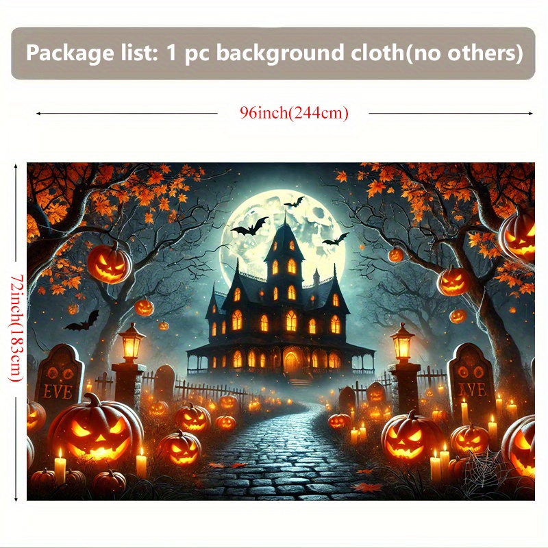 TEMU Halloween Haunted Mansion & Pumpkin Night Backdrop - Spooky Scene With Jack-o'-lanterns, Tombstones & Haunted House - No Electricity Needed,