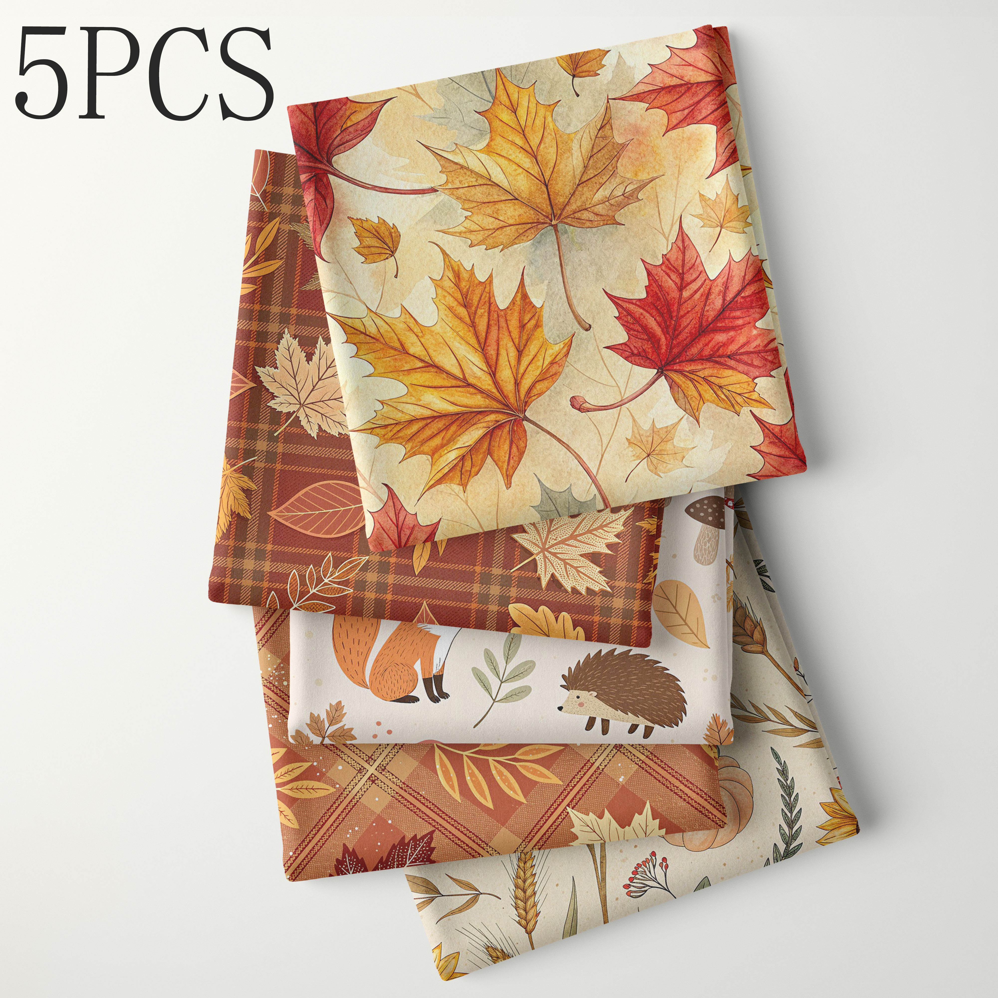 TEMU 5pcs 45x55cm, Autumn Maple Leaf Plaid Printed Fabric, Including , Plaid Patterns, Fox Hedgehogs And Small Animals, Pumpkin And Sunflower Wheat