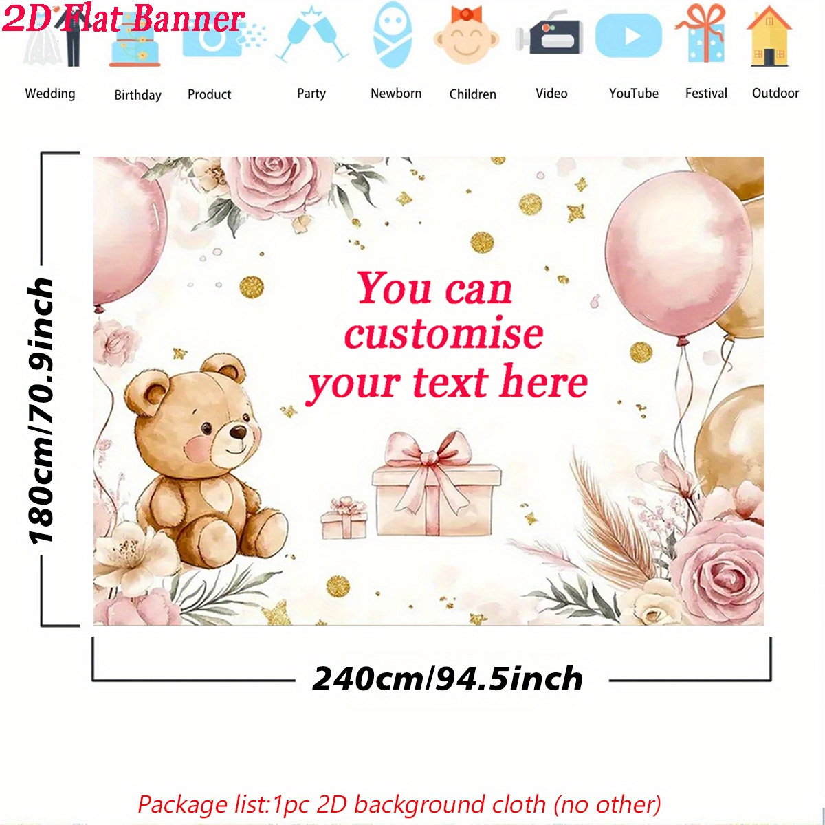 TEMU 2d Flat, 2d Flat Banner 1pc, Customisable Content Vinyl Photography Backdrop, With Floral, Teddy Bear, For Showers, Birthdays, Weddings, Party