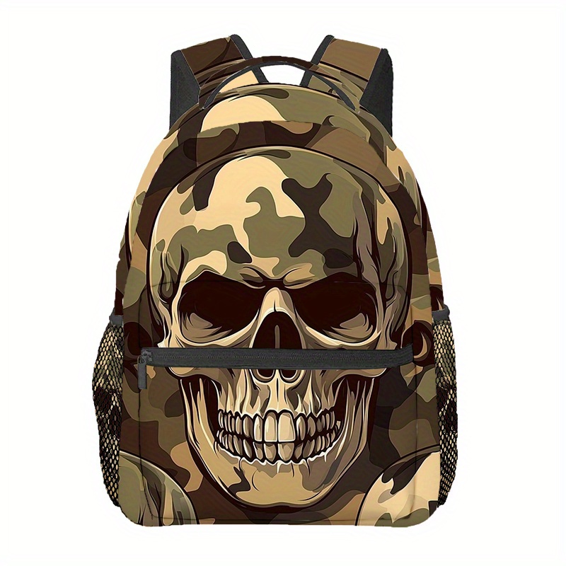 Image of Skull Bone Camouflage (10) Printed Backpack, Men's Outdoor Sports Backpack Hiking Backpack, Camping, Casual Party, Unisex Adjustable Shoulder Straps, Polyester Material, Zipper Closure