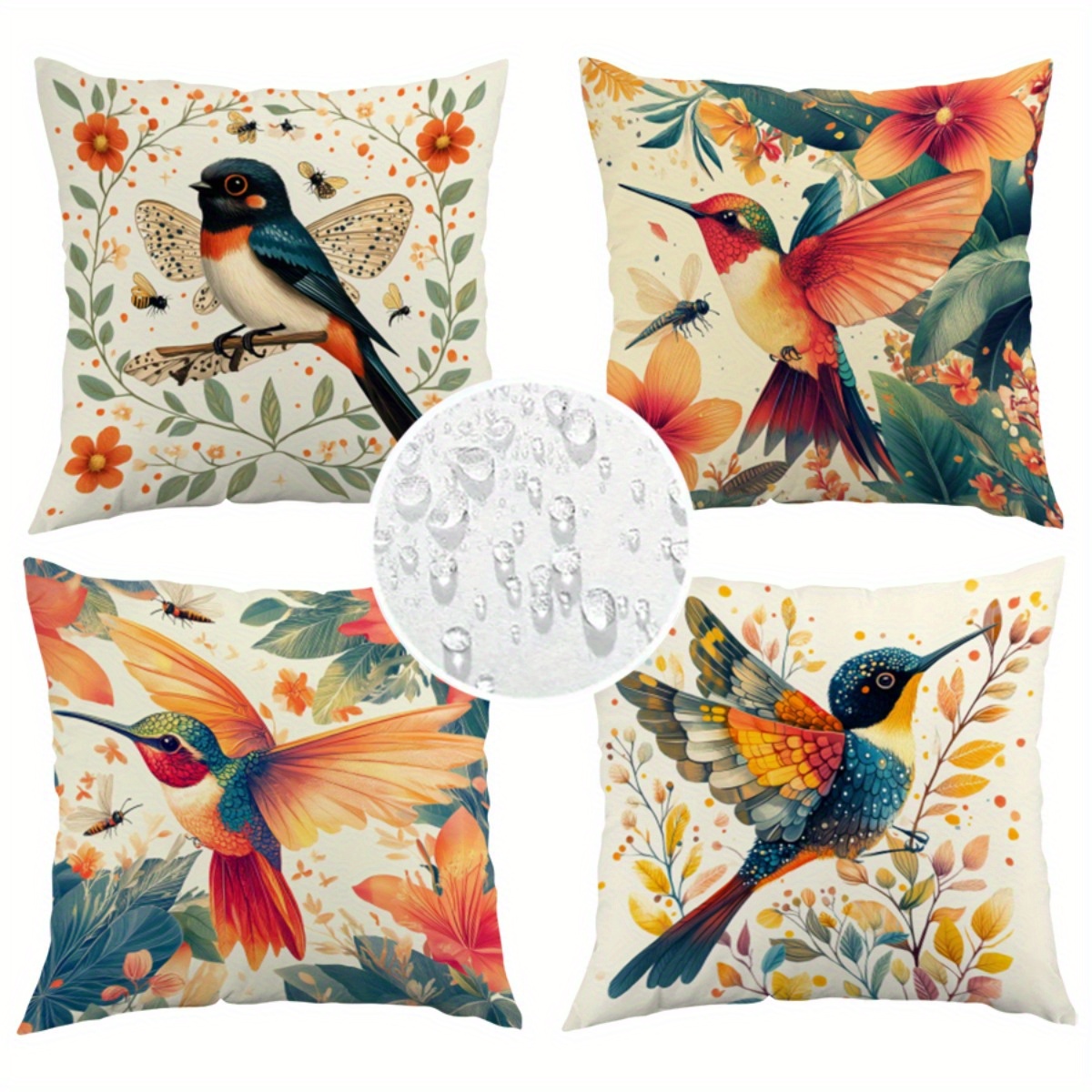 TEMU 4-pack Outdoor Throw Pillows - Floral & Bird Pattern, High Quality Machine Washable With Zipper Closure, Vibrant Summer Garden Decor For Patio,