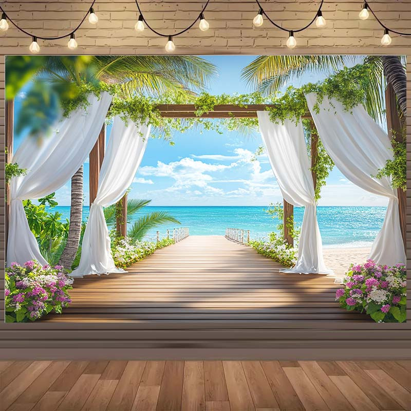 TEMU 1pc 2d Flat Design, 1pc Large Tropical Beach Backdrop, With Palm Trees, Curtains And Floral Arch - Vibrant Turquoise Ocean And Greenery Wall